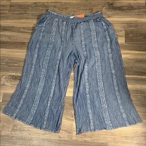 Bunulu 2x Textured Wash Blue Wide Leg Pants Crochet Details Boho Bohemian